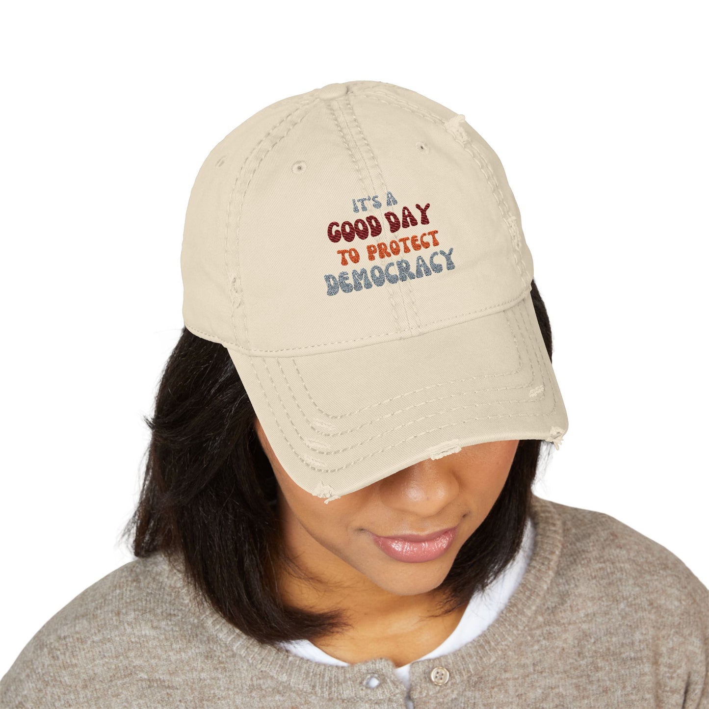 Empowering Distressed Dad Hat - It's a Good Day to Protect Democracy, Casual Wear, Political Cap, Gift for Activists, Unisex Fashion